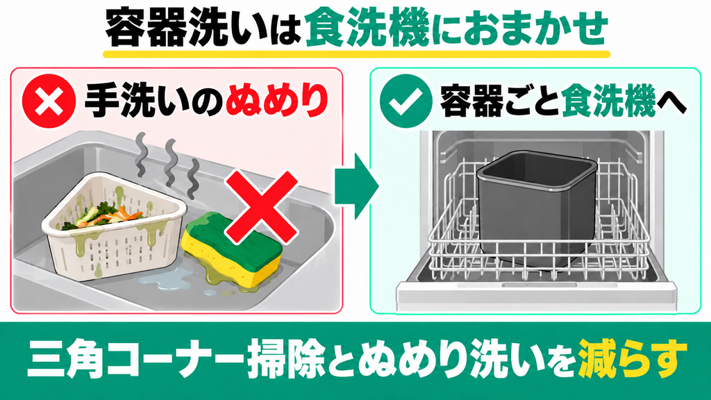 処理容器を食洗機で丸洗いして三角コーナーの掃除をなくしたい人