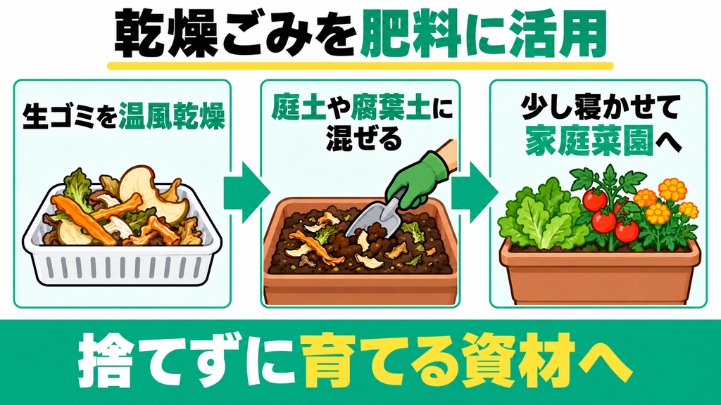 乾燥した処理ゴミを有機肥料として家庭菜園に活用したい人