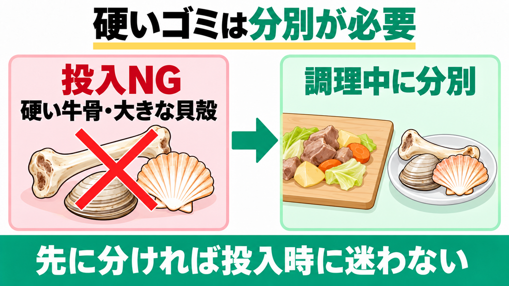 硬い牛骨や大きな貝殻は刃が傷むため分別が必要で面倒