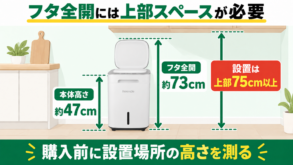 フタ全開時に高さ73cmが必要でキッチンの棚下に置けない