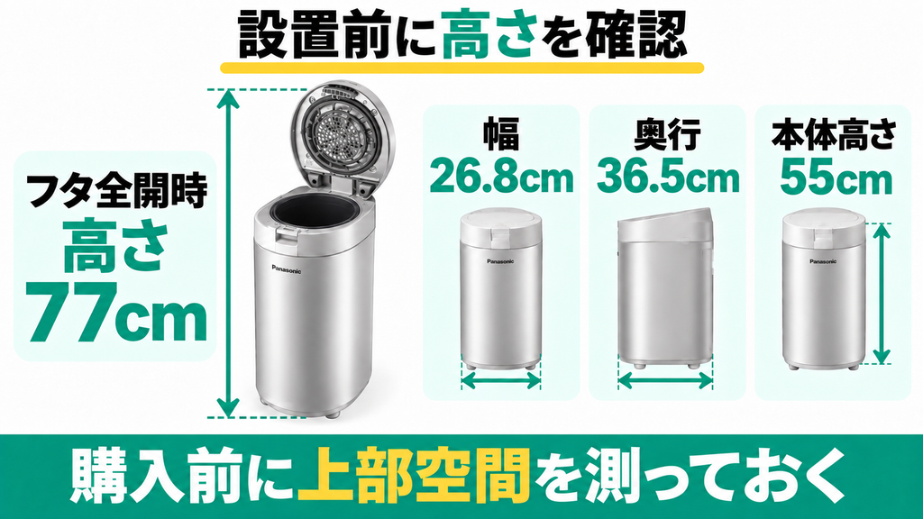 フタ全開時に高さ77cmが必要で置き場所に困る