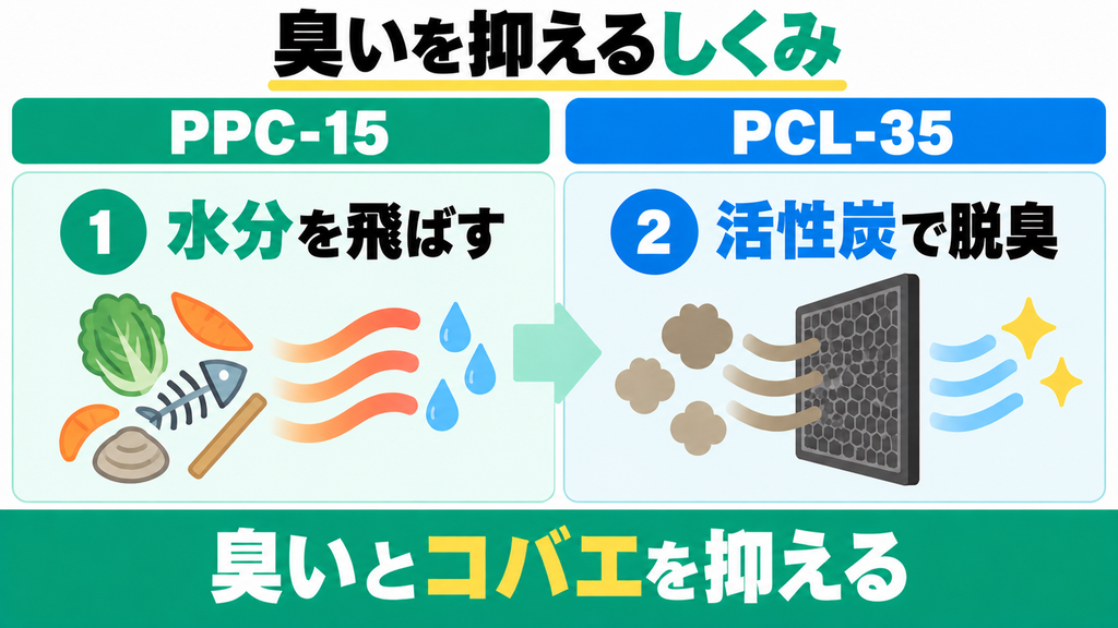 ③ 脱臭構造｜どちらも活性炭フィルター内蔵で悪臭やコバエを予防