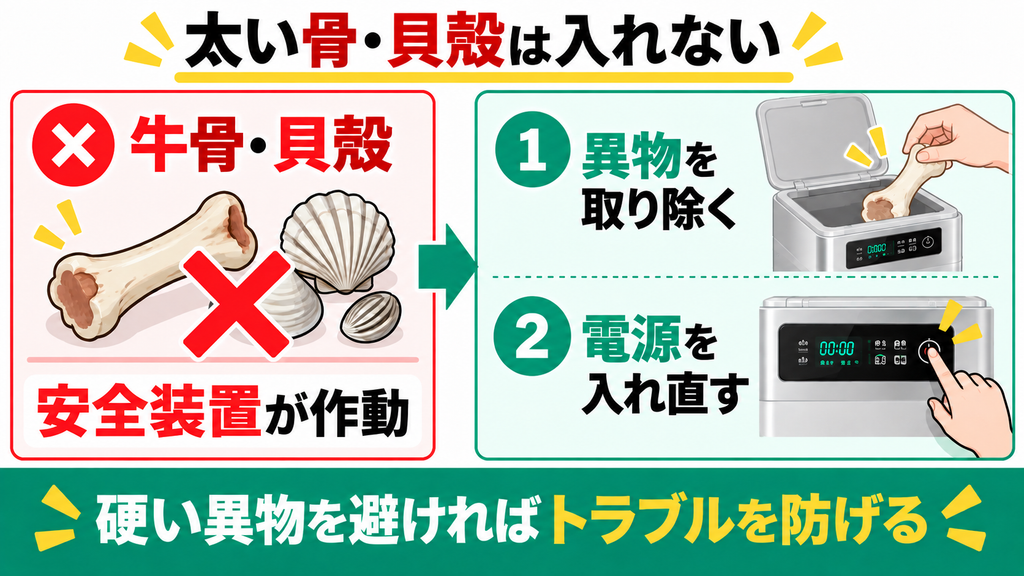 太い牛骨や貝殻を入れると安全装置が作動して過電流停止する