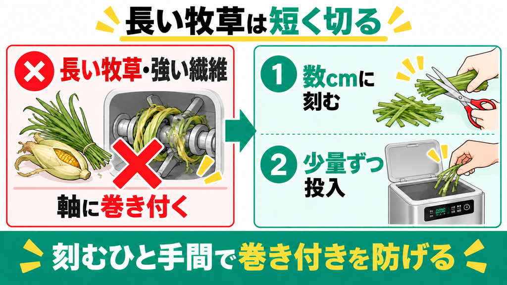 小動物の長い牧草や繊維質の強い野菜は攪拌棒に巻き付きやすい