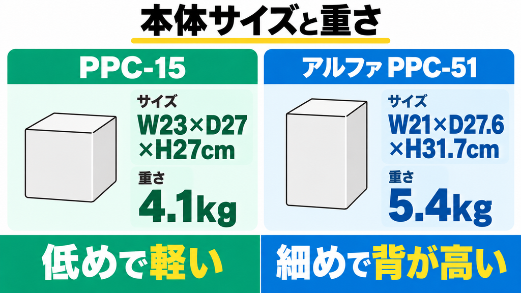 PPC-15とアルファの寸法・重量比較