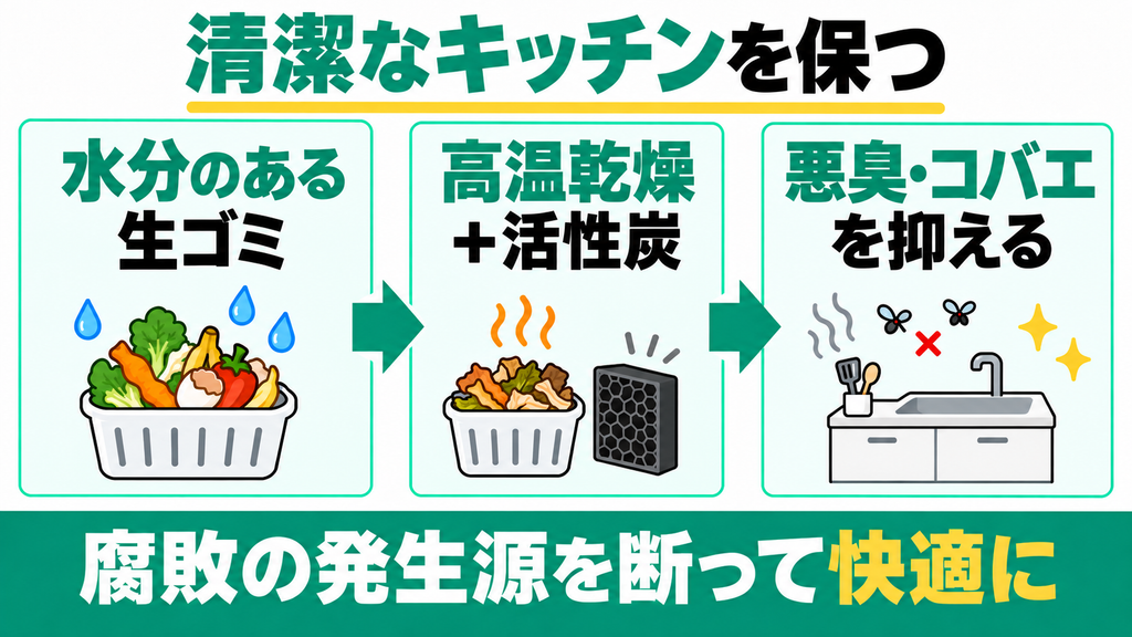 コバエと悪臭の発生源を断ち清潔なキッチンを保つ人