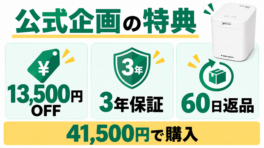 パリパリキューPPC-15の対象公式企画で案内される値引き・保証・返品特典