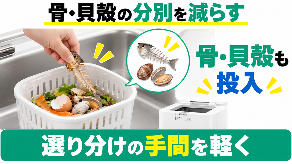 PPC-15は投入可能な魚の骨や貝殻をバスケットで受け、分別の手間を減らせる。