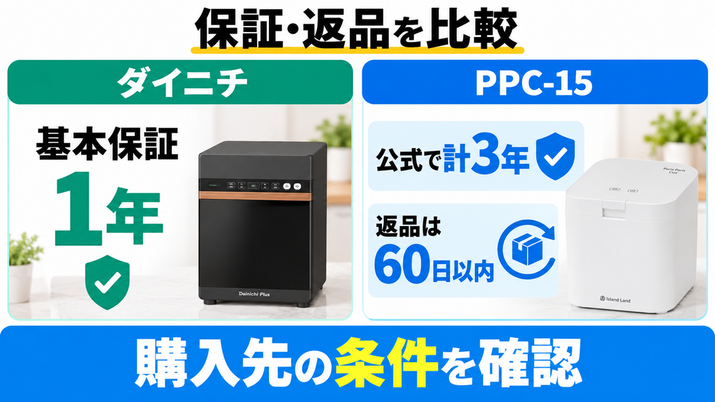 ダイニチGD-28Aの基本保証1年と、PPC-15の対象公式購入時の保証・返品制度を比較。