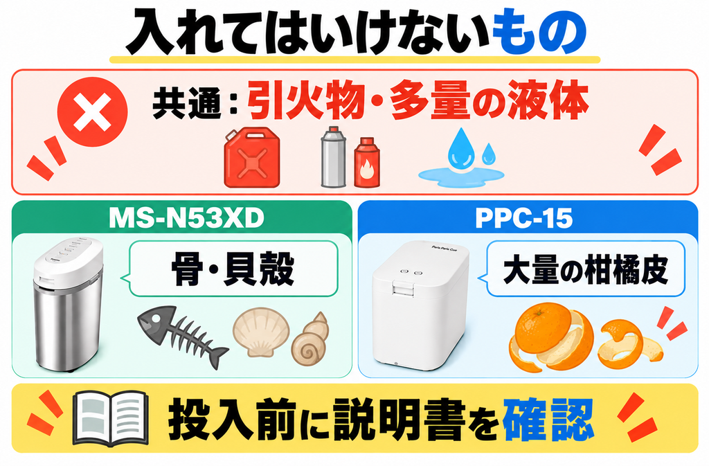 パナソニックMS-N53XDとパリパリキューPPC-15には共通の投入禁止物があり、機種別の注意もある