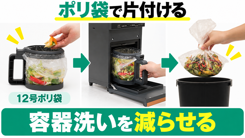 ダイニチGD-28Aは12号ポリ袋を使い、袋ごと捨てて容器洗いを減らせる。