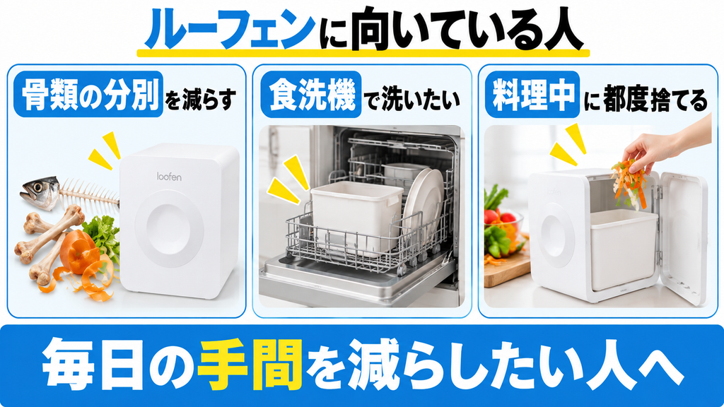ルーフェンSLW01は分別や手洗いを減らし、料理中に都度投入したい人向け