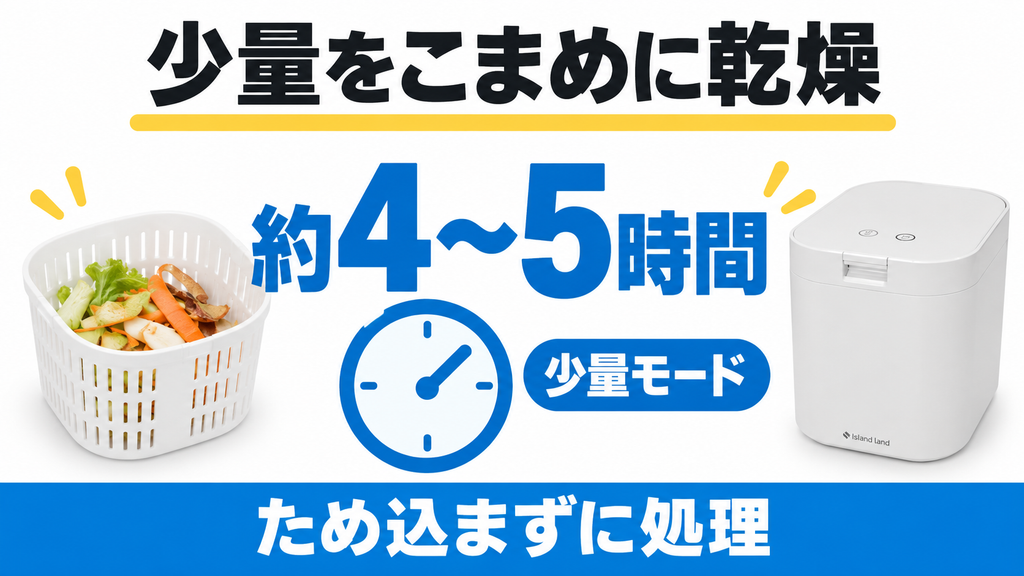PPC-15の少量モードは約4〜5時間が目安で、生ごみをこまめに乾燥する。