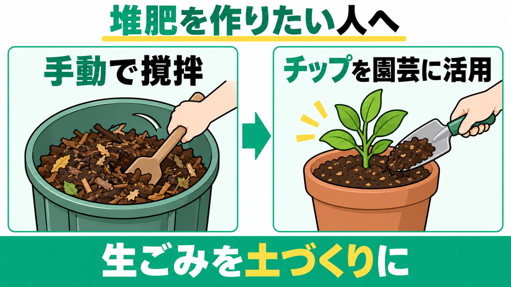 朝晩ハンドルを回して生ごみを堆肥化したい家庭菜園派の人
