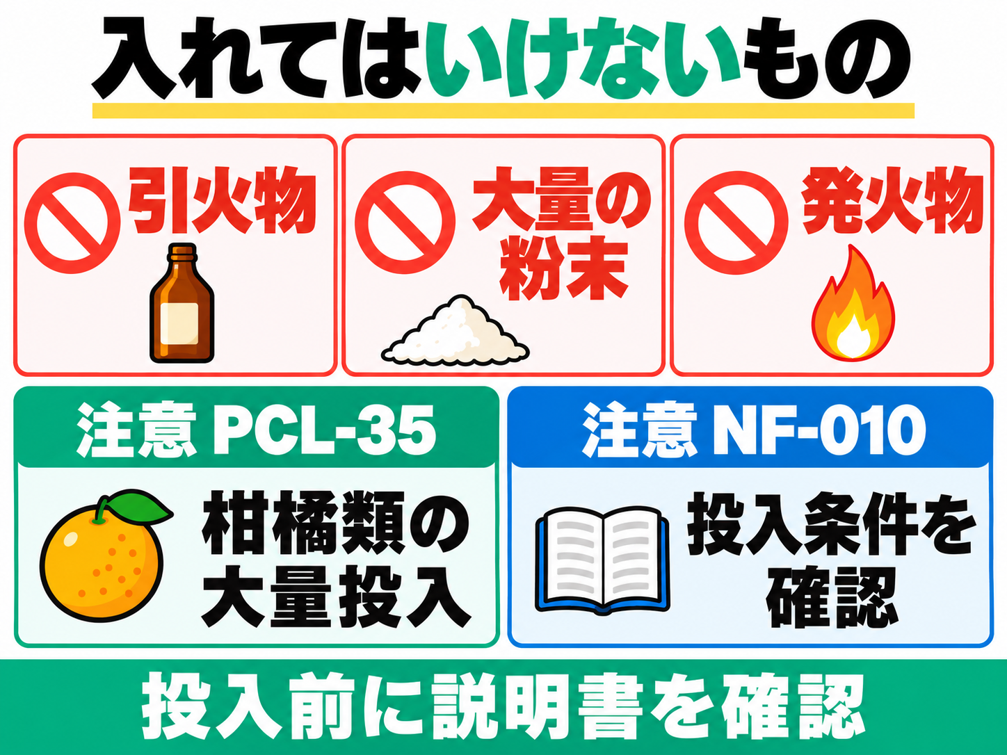 共通の投入禁止は引火物・大量の粉末・発火物。PCL-35は柑橘類の大量投入、RITAKU NF-010は投入条件に注意し説明書を確認。