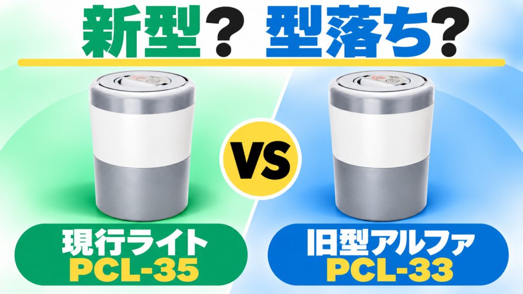 新型の現行ライトPCL-35と型落ちの旧型アルファPCL-33、どちらを選ぶかを比較する記事のアイキャッチ。
