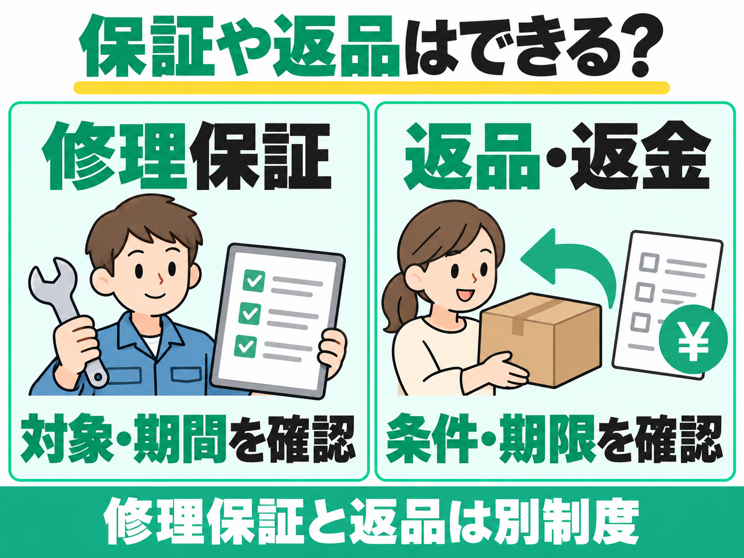 生ごみ処理機の修理保証と返品・返金は別制度。修理保証の対象・期間、返品・返金の条件・期限を確認する図解。