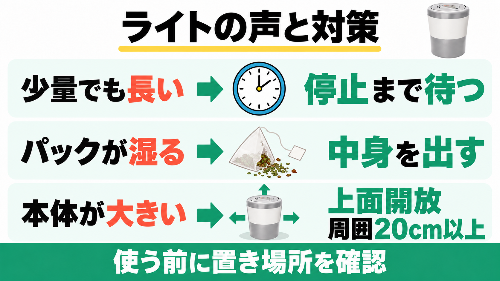 ライトの気になる口コミと、停止まで待つ・パックの中身を出す・設置空間を確保する対策