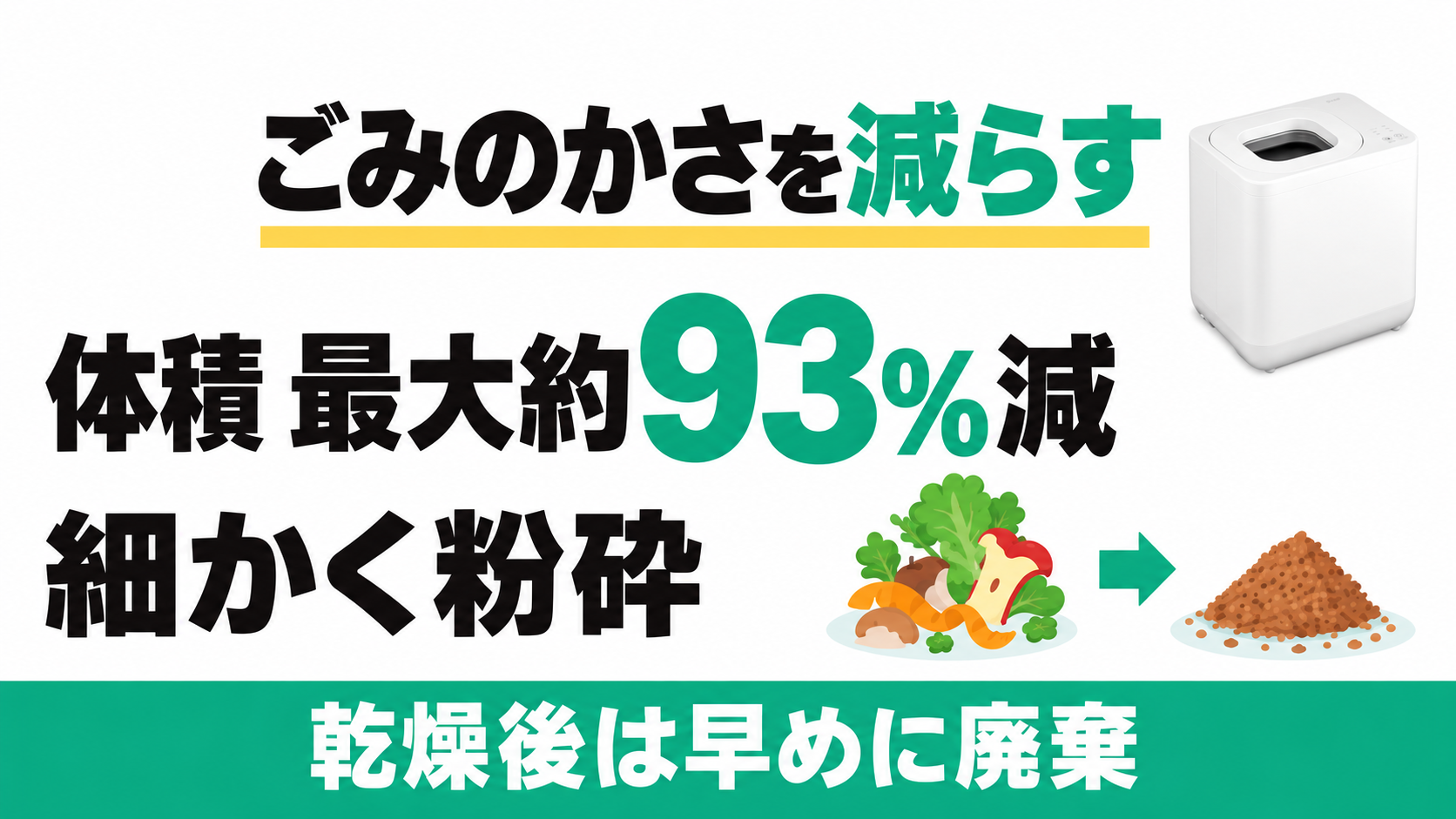 GYUTTO QS661は細かく粉砕して生ごみの体積を最大約93%減らす。乾燥後は早めに廃棄する。