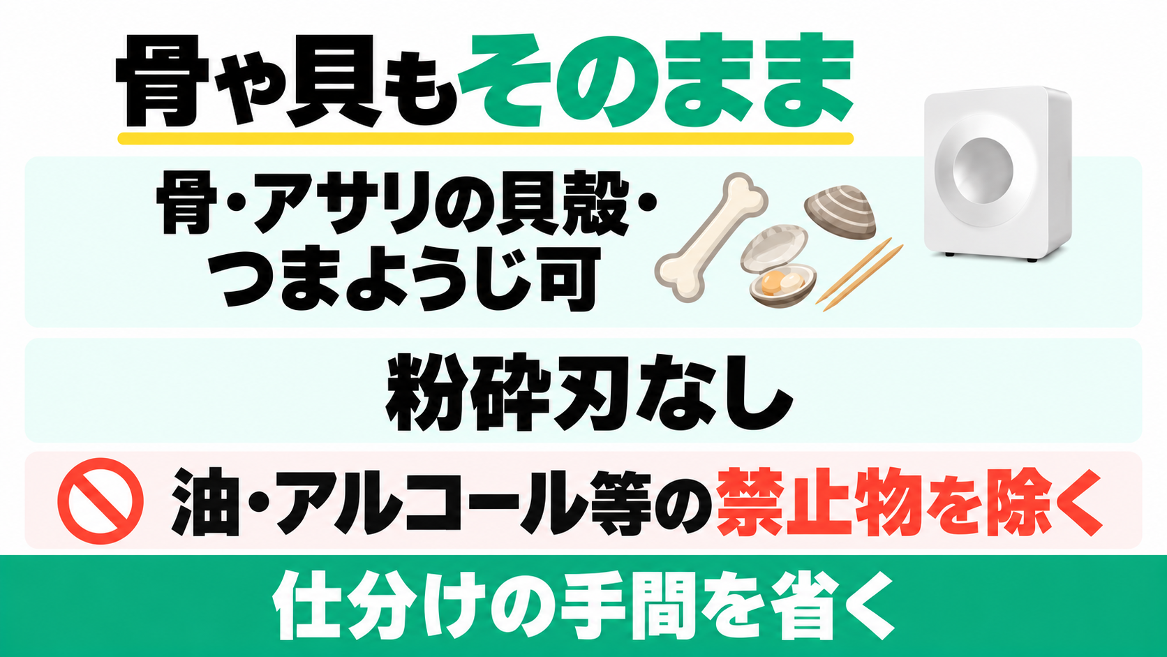 ルーフェンは骨・貝殻・爪楊枝も分別せず投入できる。油・アルコール・粉類は禁止。