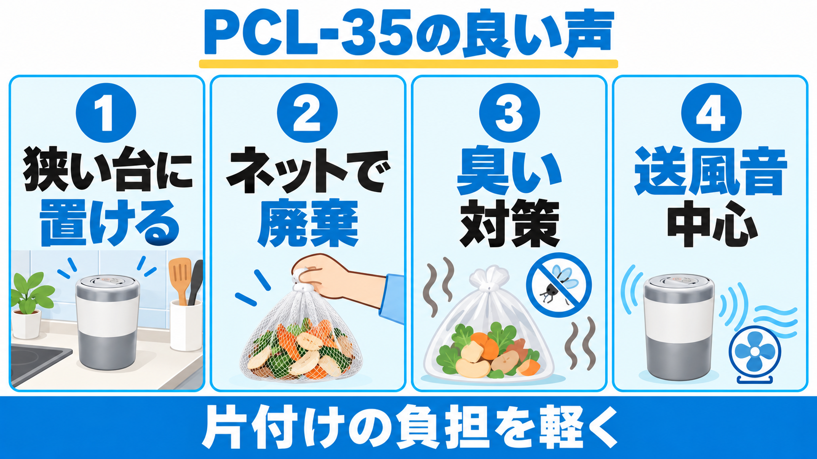 PCL-35の良い口コミは狭い台に置けること、ネット廃棄、臭い対策、送風音中心の4点。