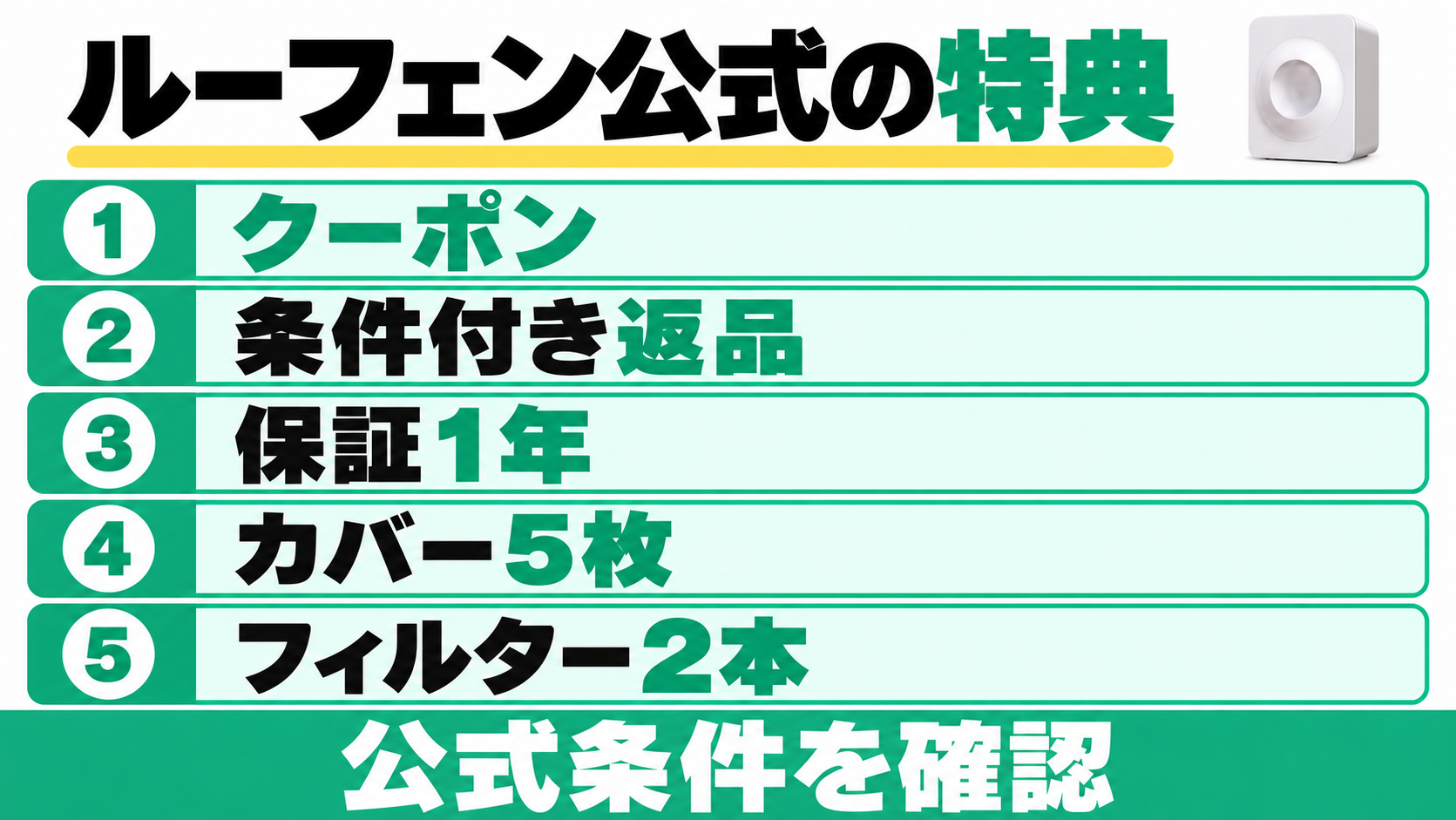ルーフェン公式の特典はクーポン、条件付き返品、保証1年、カバー5枚、フィルター2本。公式条件を確認する。