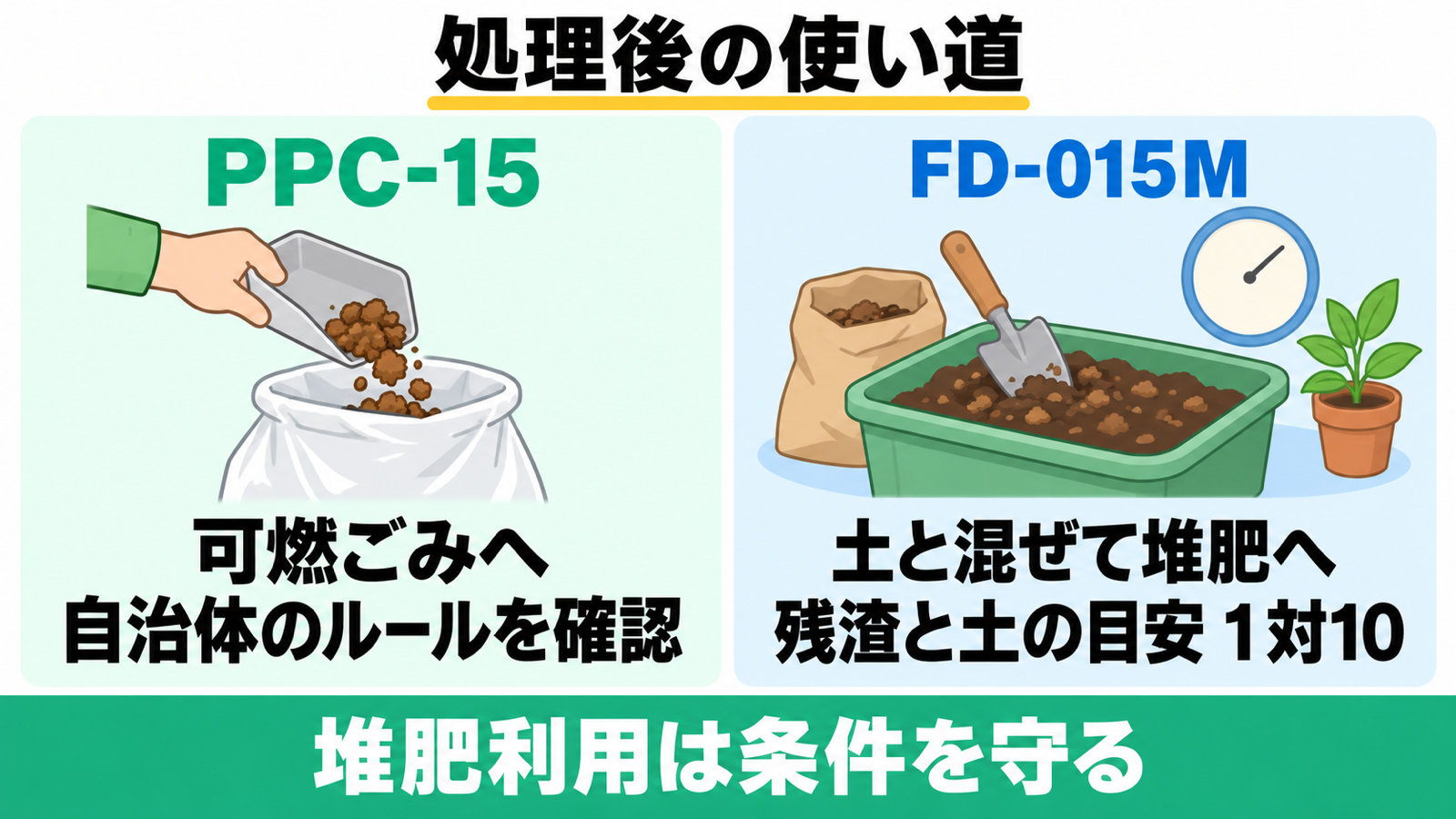 PPC-15の処理物は自治体の可燃ごみルールに従い、FD-015Mの残渣は土と混ぜて堆肥にする用途比較。
