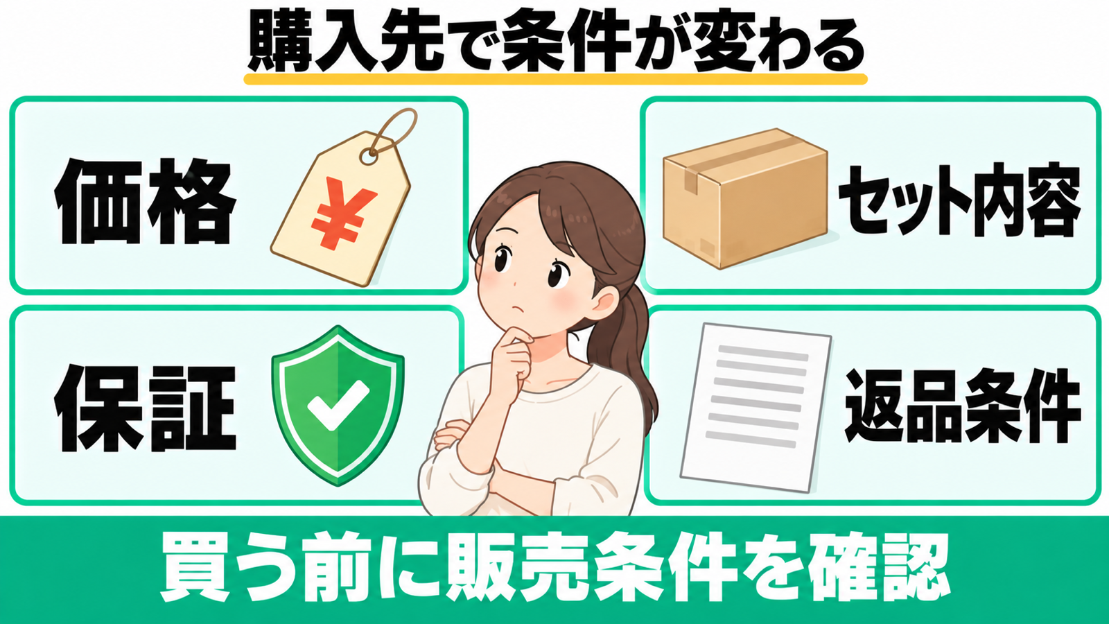 PPC-15とFD-015Mの購入先を選ぶときに価格・セット内容・保証・返品条件を確認する図。