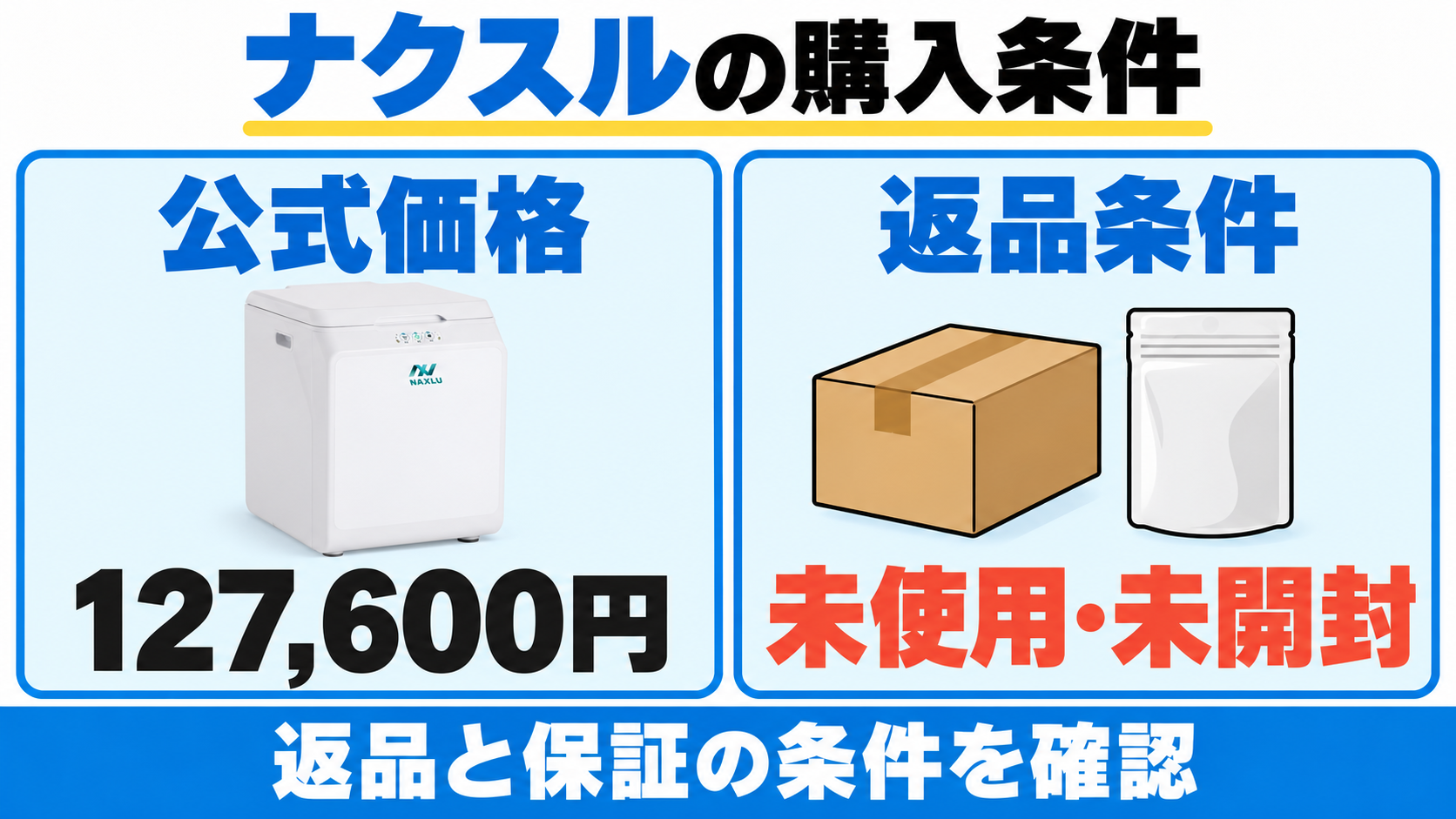 ナクスルFD-015Mの公式価格127,600円と、本体未使用・バイオ材未開封の返品条件。