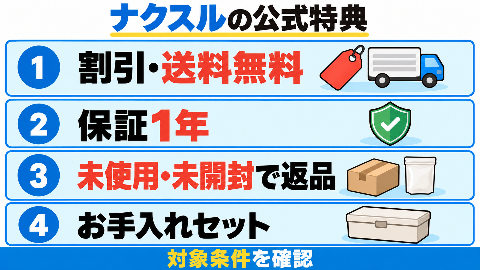 ナクスルFD-015Mの割引と送料無料、保証1年、未使用・未開封での返品、お手入れセットという公式特典。