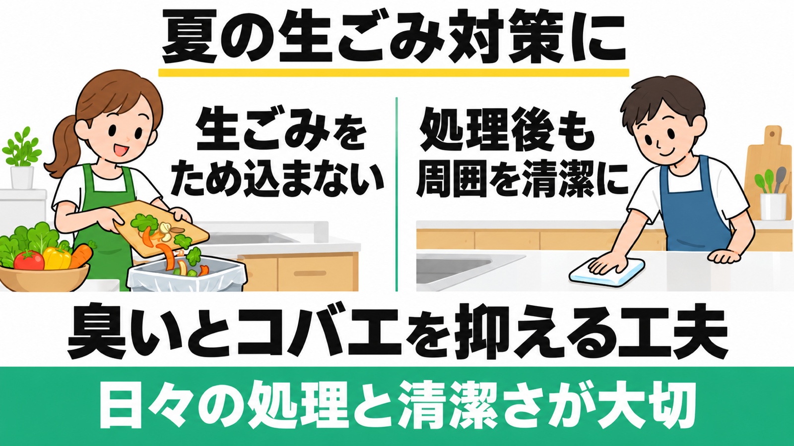 PPC-15とFD-015Mで生ごみをため込まず、周囲を清潔にして夏の臭い・コバエ対策をする図。