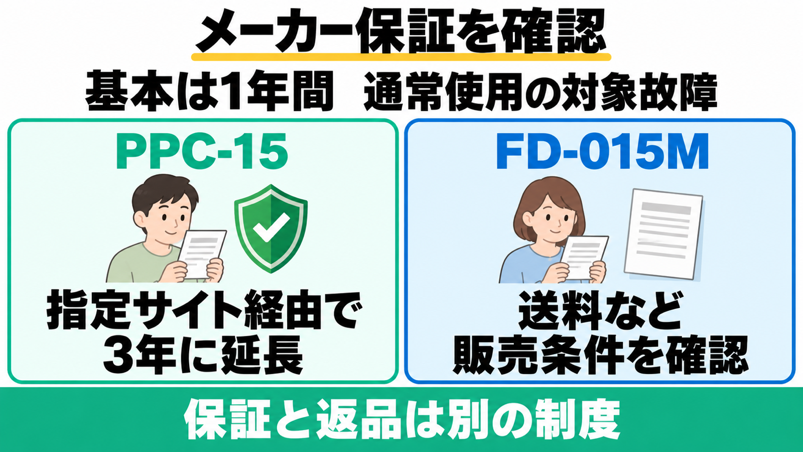 PPC-15とFD-015Mの基本1年保証と、PPC-15の指定サイト経由延長、販売条件の確認点。