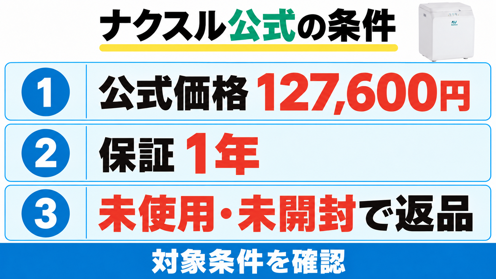ナクスル公式の本文掲載価格は127,600円、保証は1年。未使用・未開封など返品の対象条件を確認する。
