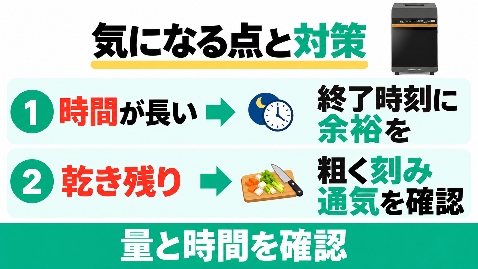ダイニチGD-28Aの乾燥時間と厚い野菜くずの乾き残りへの本文の対策。