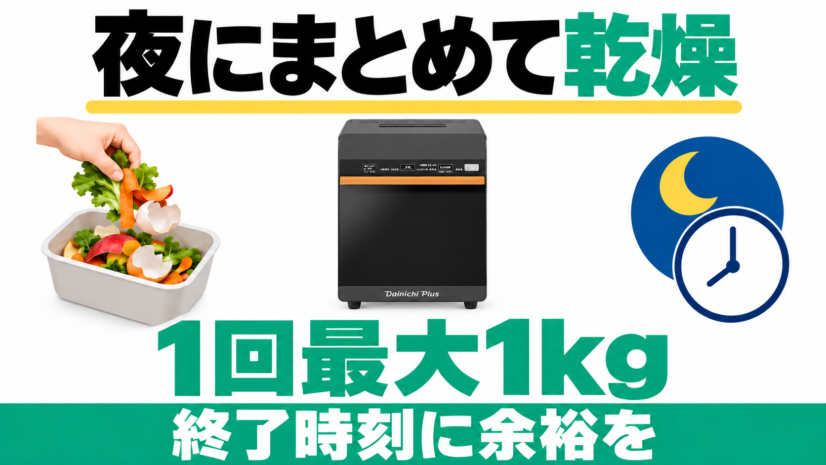ダイニチGD-28Aは1回最大1kgを処理。終了時刻に余裕を持って使う。