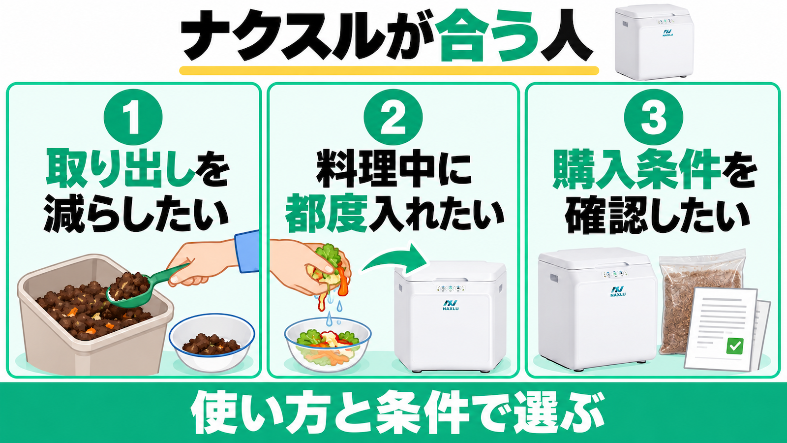 ナクスルFD-015Mが合う、取り出し負担の軽減、料理中の追加、条件を確認して購入したい3タイプ。