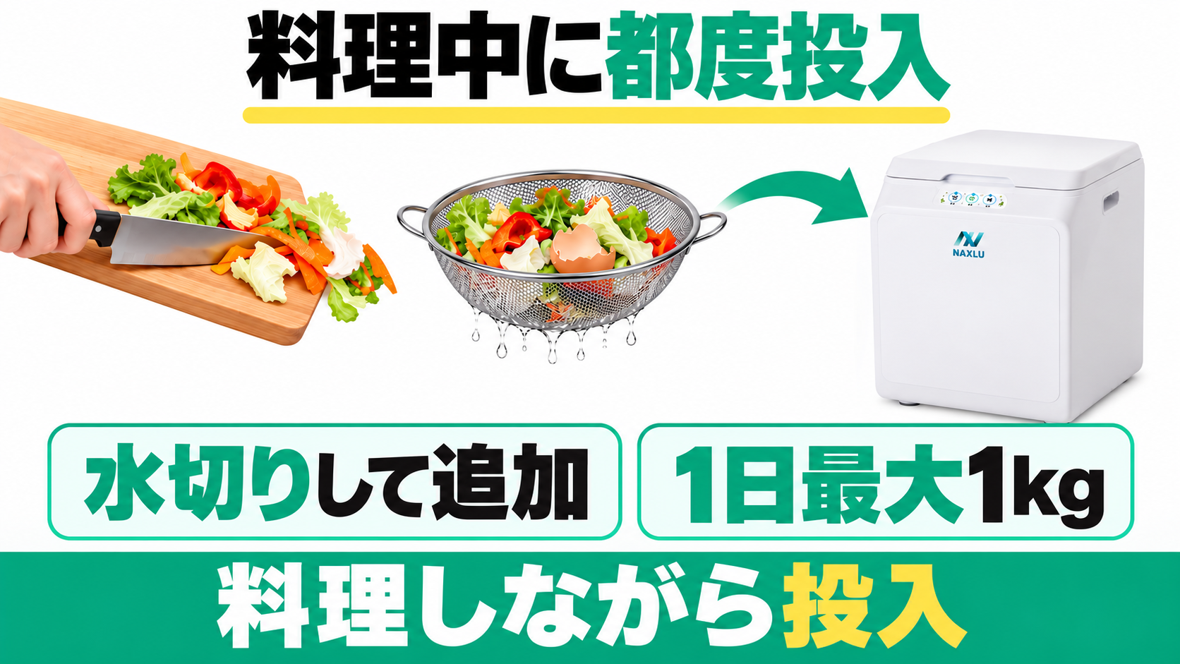 ナクスルFD-015Mへ料理中のごみを水切りし、1日1kg以内と分解状態を確認して随時投入する使い方。
