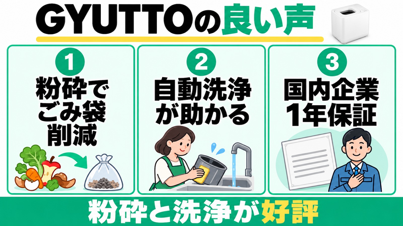QS661の粉砕でごみ袋削減、自動洗浄の補助、国内メーカー1年保証に関する良い口コミ。