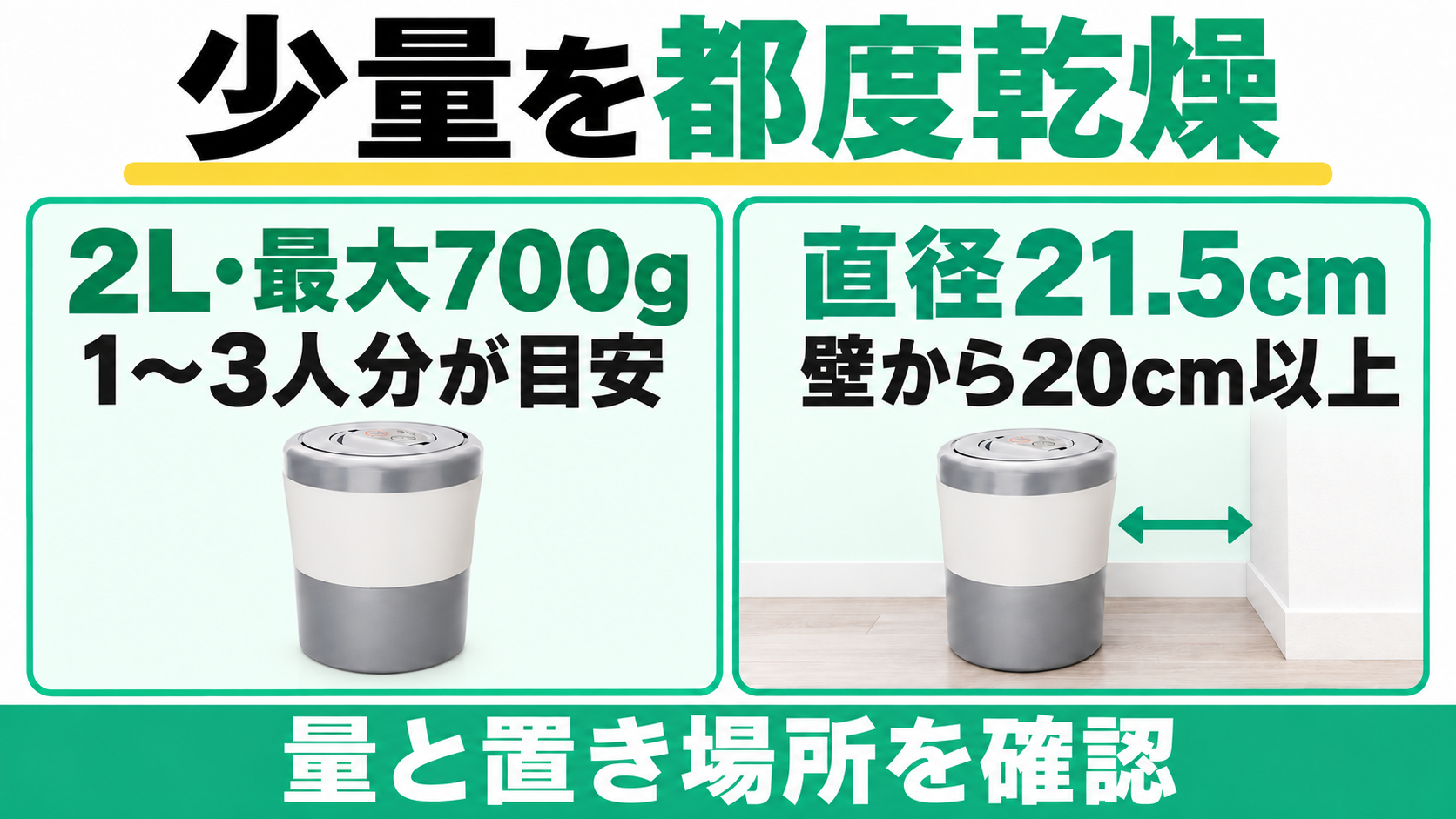 PCL-35は2L・最大700gで1〜3人分が目安、直径21.5cmと壁から20cm以上の設置。