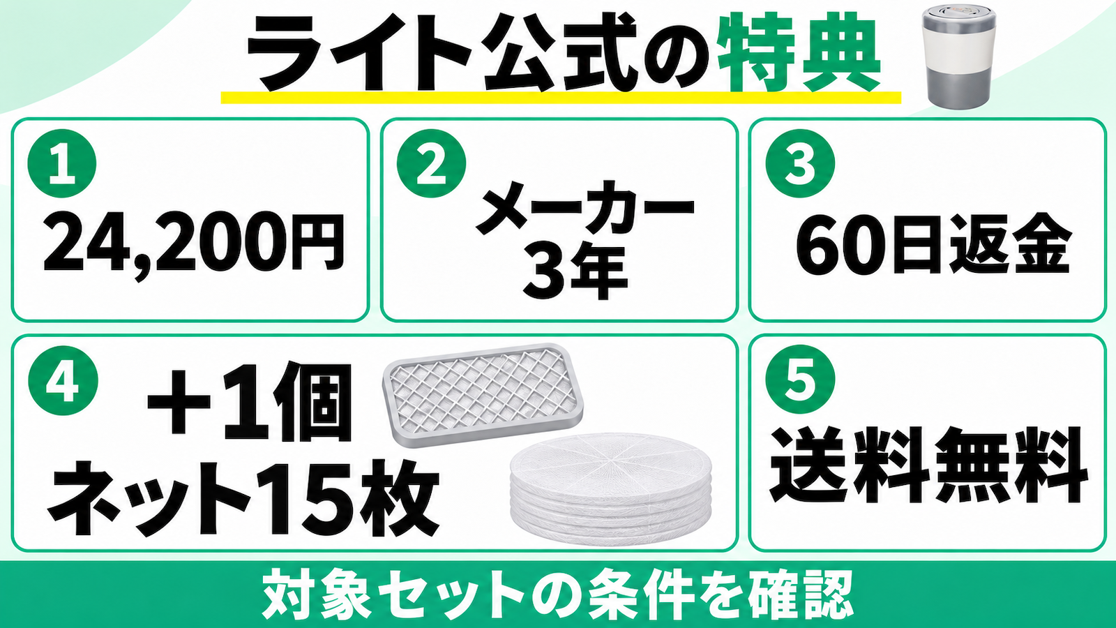 PCL-35公式セットの24,200円、3年保証、60日返金、予備フィルター1個・ネット15枚、送料無料。