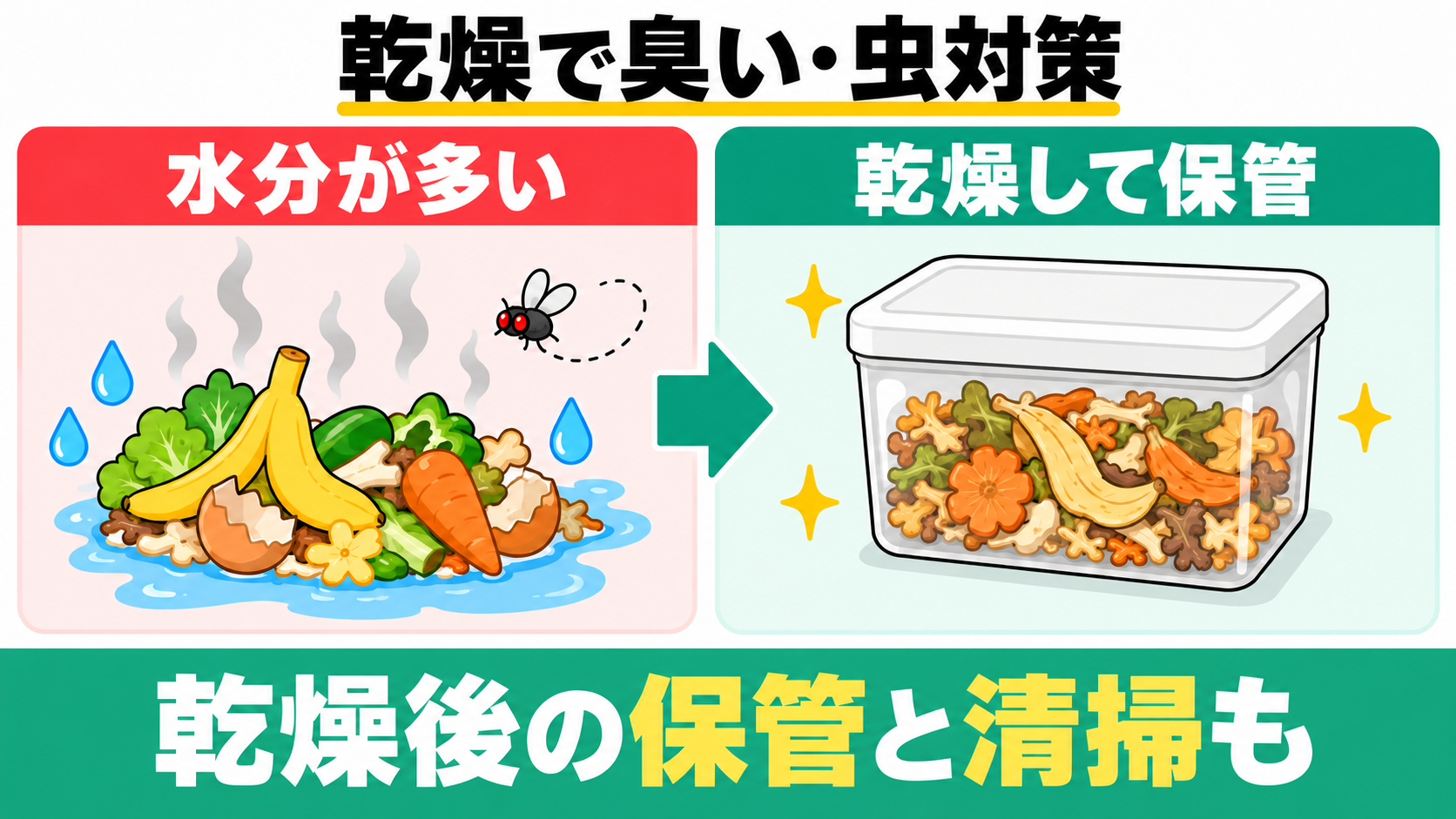 両機種の乾燥は臭いとコバエ対策の助けになり、乾燥後の保管と清掃も大切。