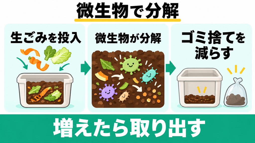 微生物が分解し、毎回のゴミ捨てを減らせる