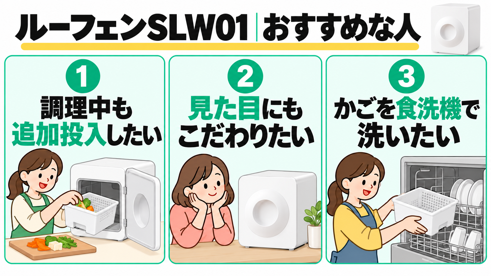 ルーフェン SLW01がおすすめな人。調理中も追加投入したい、見た目にもこだわりたい、かごを食洗機で洗いたい人。