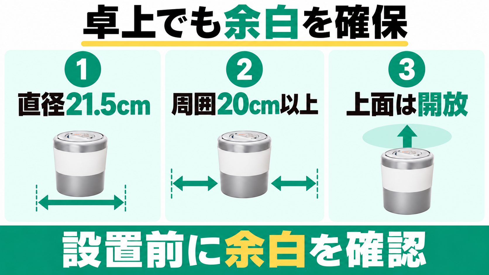 PCL-35は直径21.5cm、周囲20cm以上と上面の開放空間を確保して設置する。