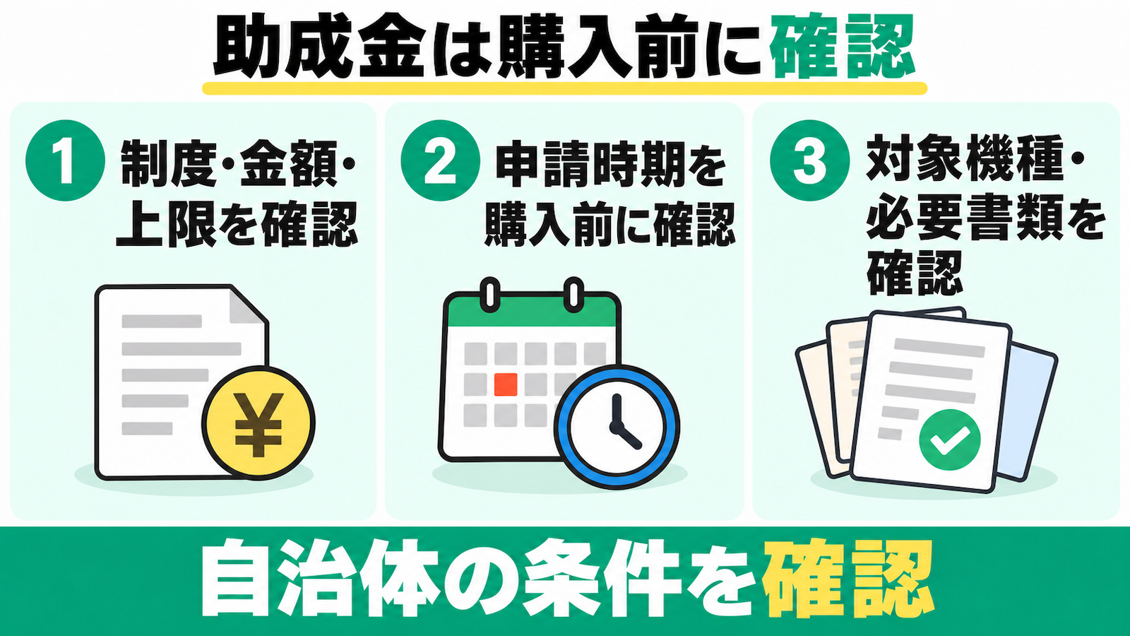 助成金は制度・金額・上限、購入前の申請時期、対象機種・必要書類を自治体で確認する。