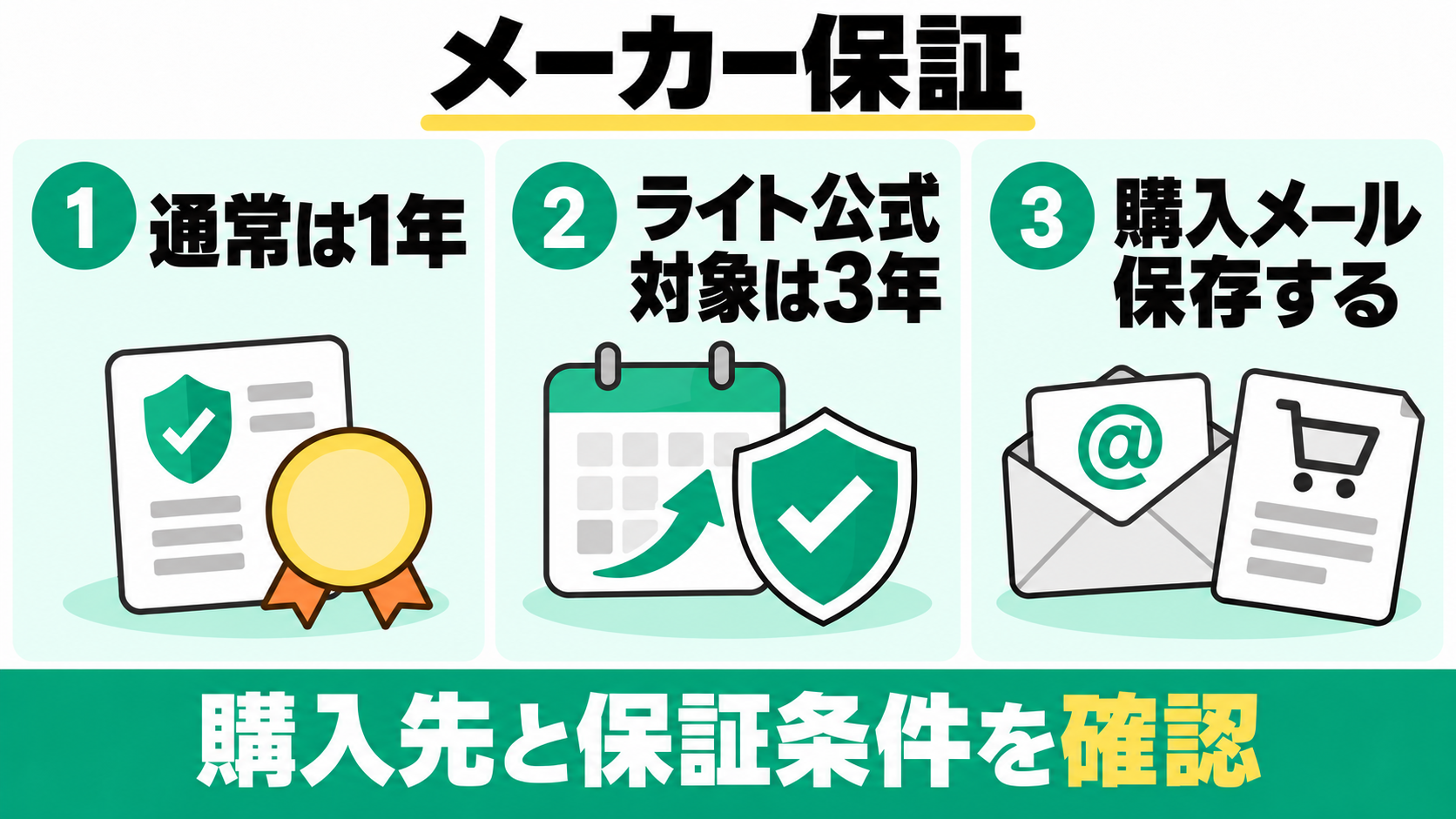 通常1年保証、PCL-35の対象公式は3年保証。購入メールを保存し購入先と保証条件を確認する。