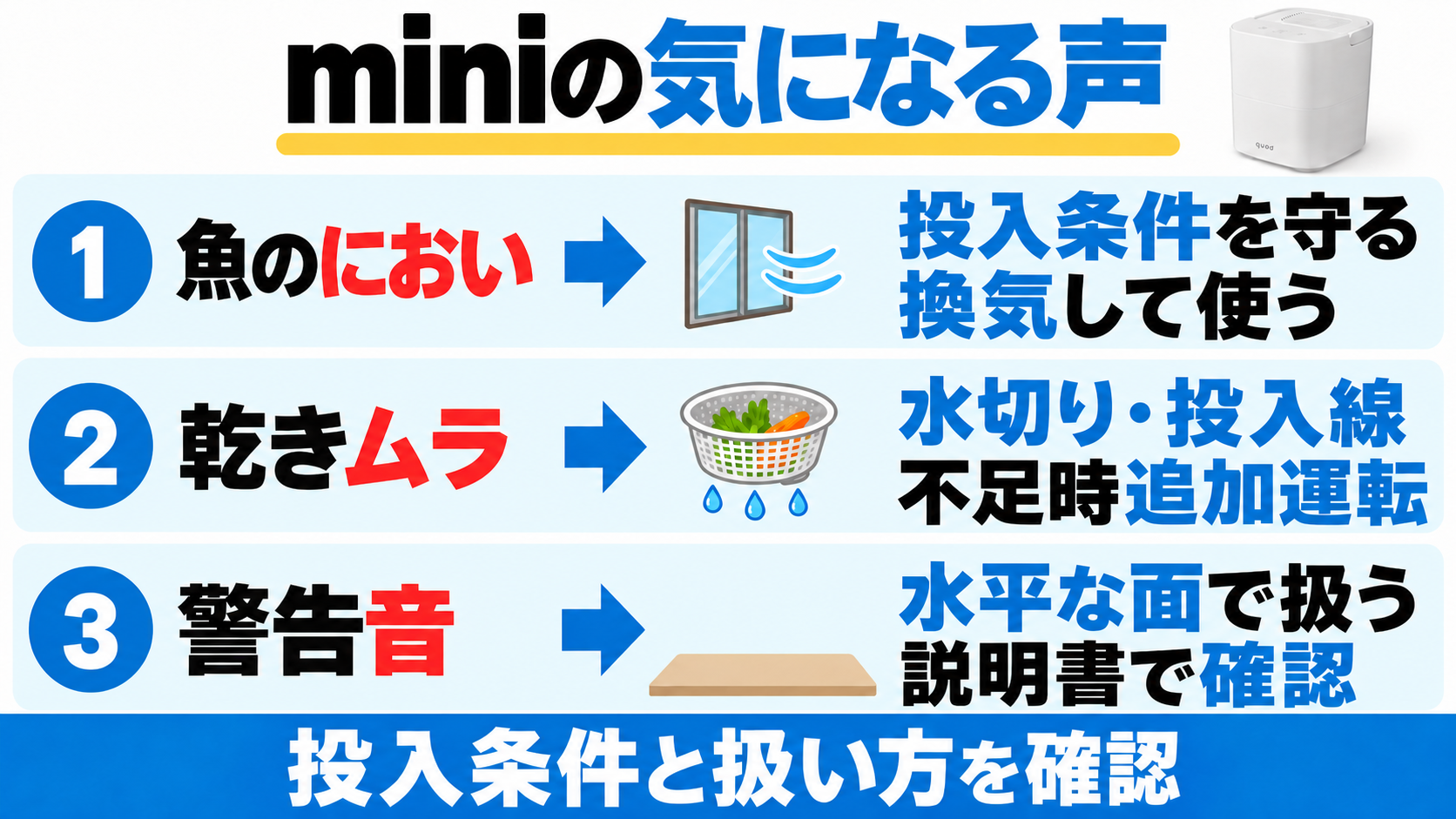 QS678の魚のにおいには投入条件と換気、乾きムラには水切り・投入線と不足時追加運転、警告音には水平面での扱いと説明書確認。