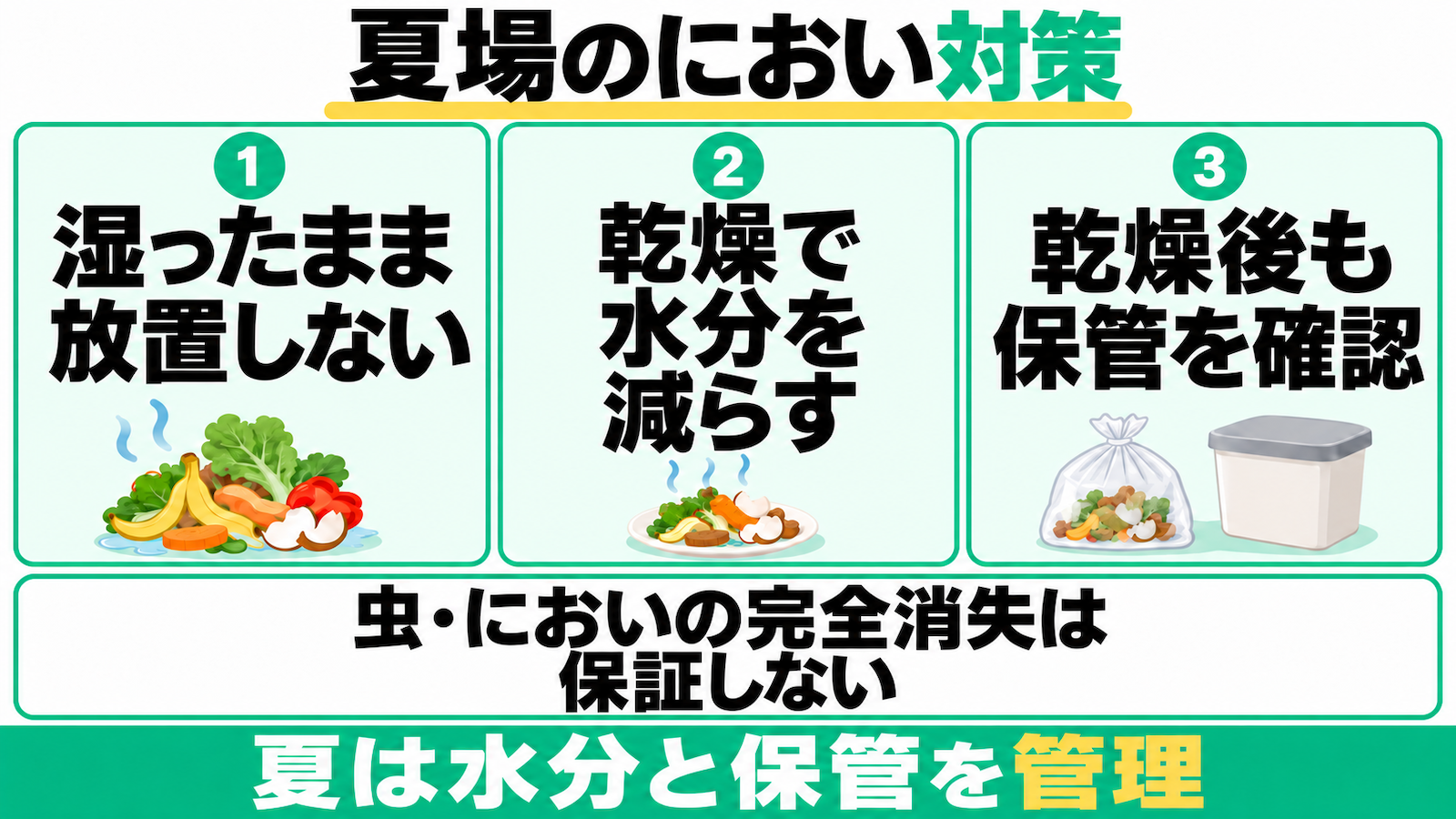 夏は湿った生ごみを放置せず乾燥で水分を減らし、乾燥後も保管を確認。虫やにおいの完全消失は保証しない。
