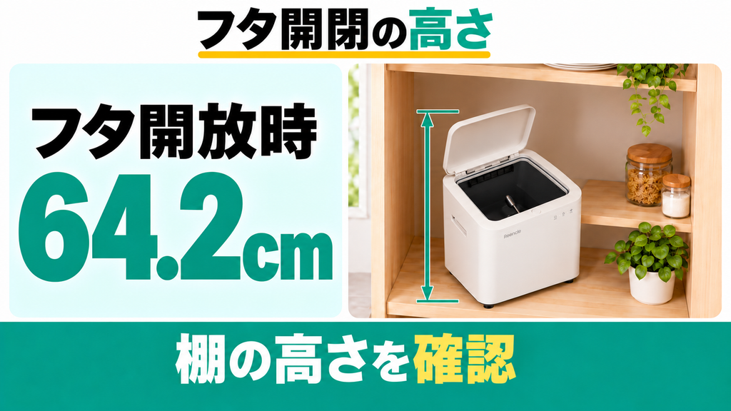 フタ全開の高さ64.2cmと通気余白が必要