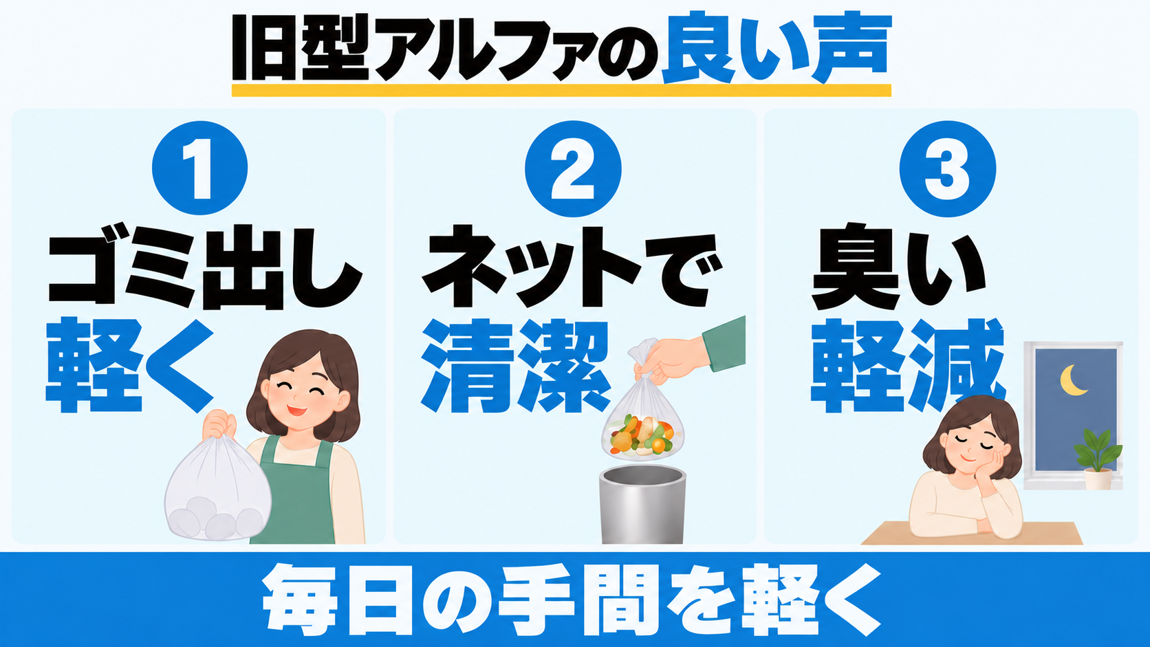 旧型PCL-33の良い口コミは、ゴミ出しが軽くなる、ネットで清潔に使える、臭いを軽減できること。